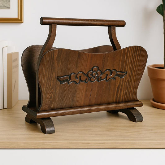 Vintage Floral Carved Wood Magazine Rack - Mid-Century Scandinavian Decor