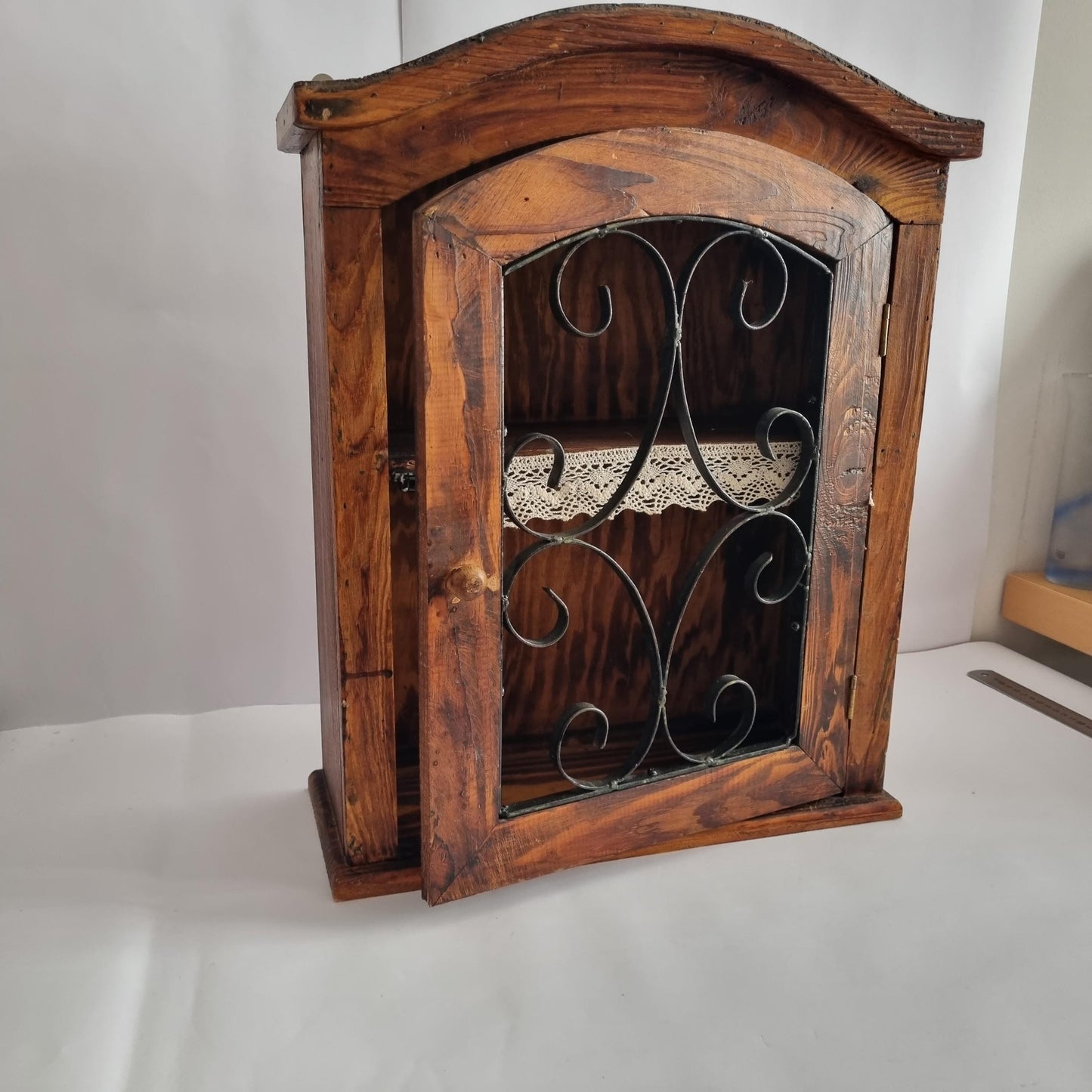 Antique Rustic Wood Wall Cabinet with Iron Door: Farmhouse Kitchen Storage