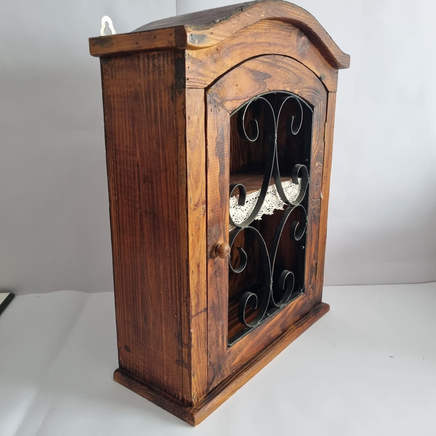 Antique Rustic Wood Wall Cabinet with Iron Door: Farmhouse Kitchen Storage
