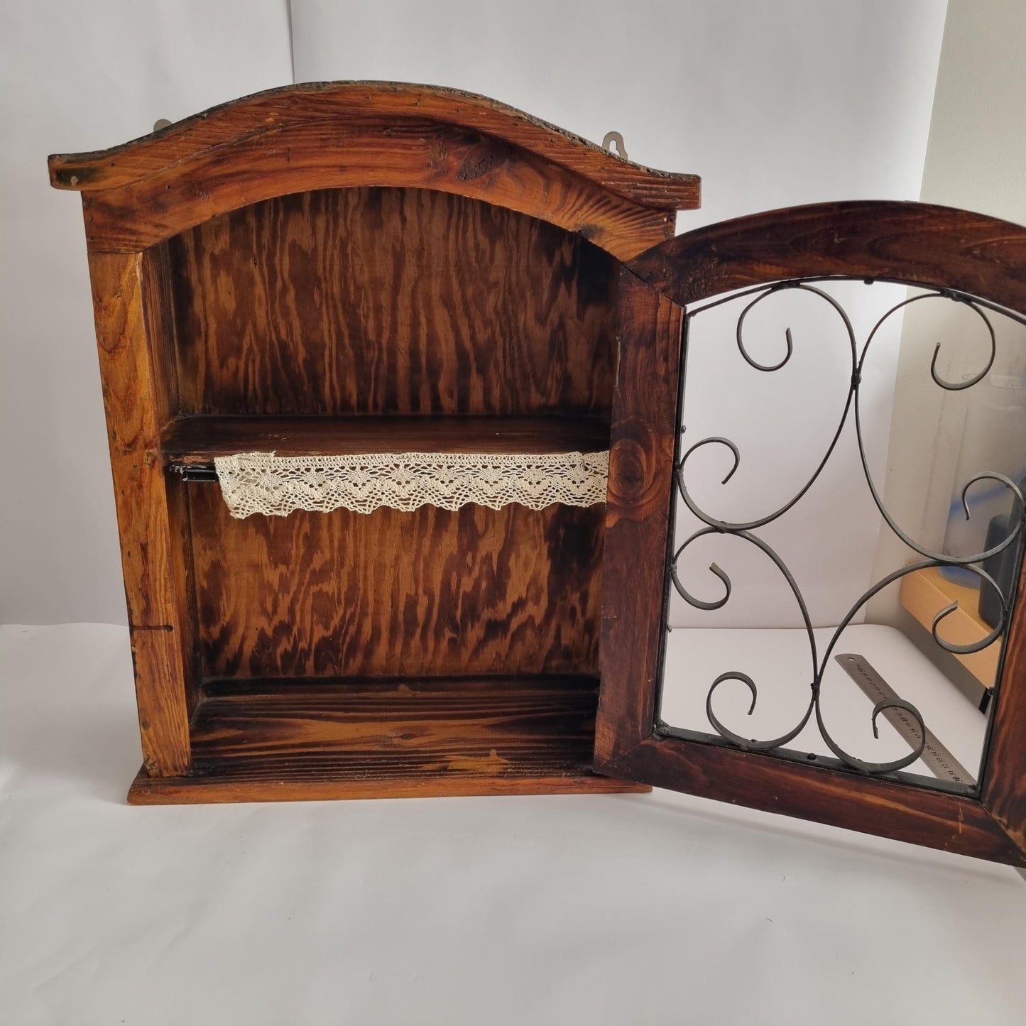 Antique Rustic Wood Wall Cabinet with Iron Door: Farmhouse Kitchen Storage