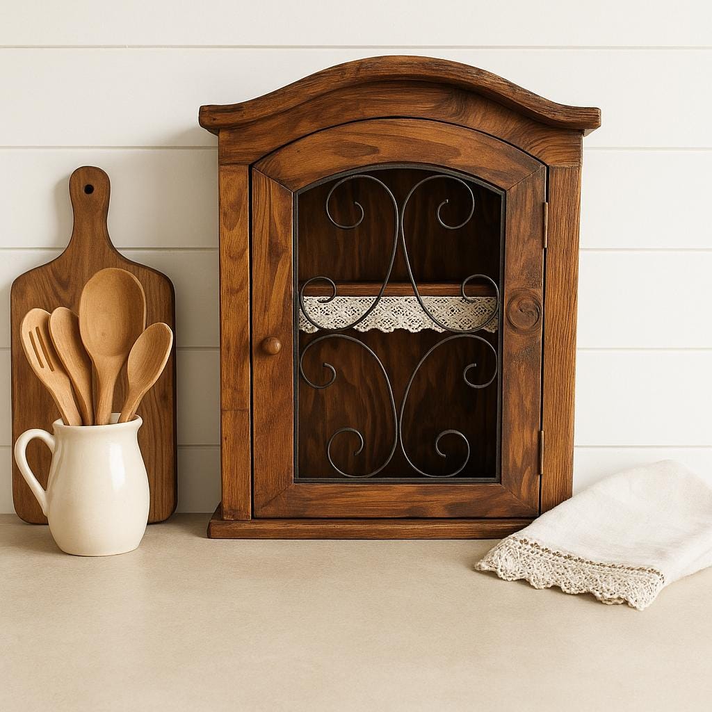 Antique Rustic Wood Wall Cabinet with Iron Door: Farmhouse Kitchen Storage