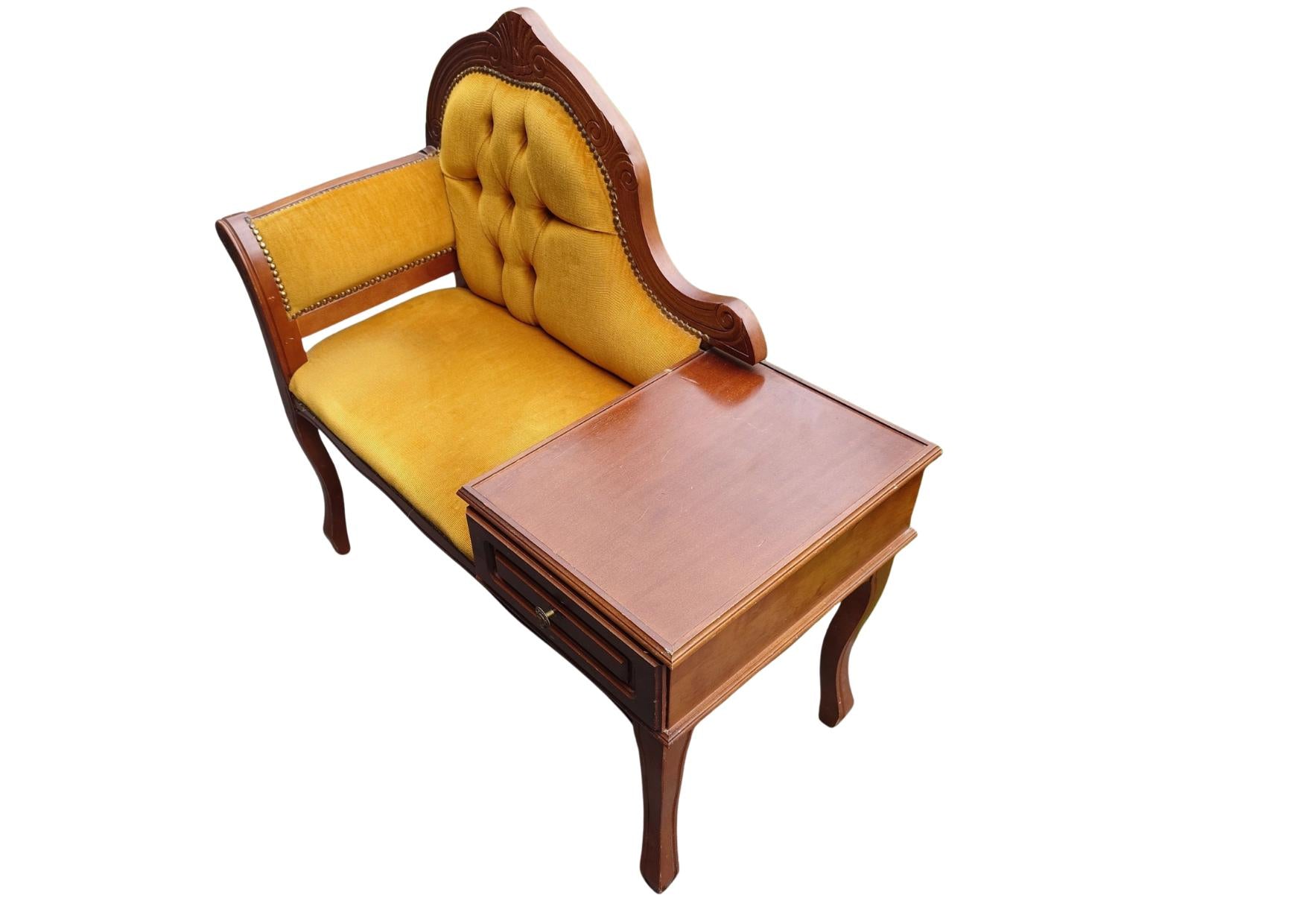 Vintage Gossip Bench with Drawer – Elegant Entryway Seat / Vanity Chair-Telefon bench with tufted mustard velvet cushion and wooden frame