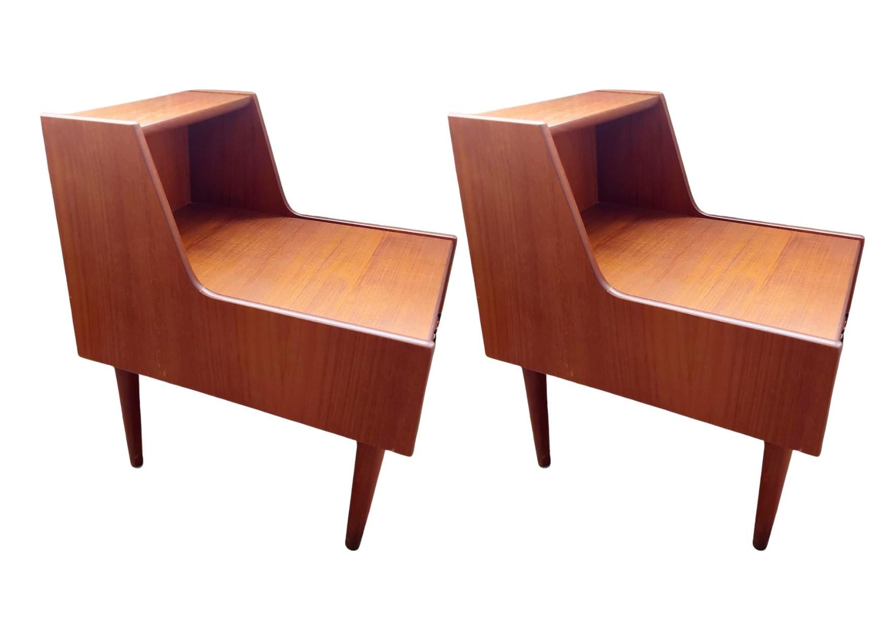 Scandinavian Teak Nightstands with Double Top – Set of 2, 1965, vintage teak furniture with mid-century modern design