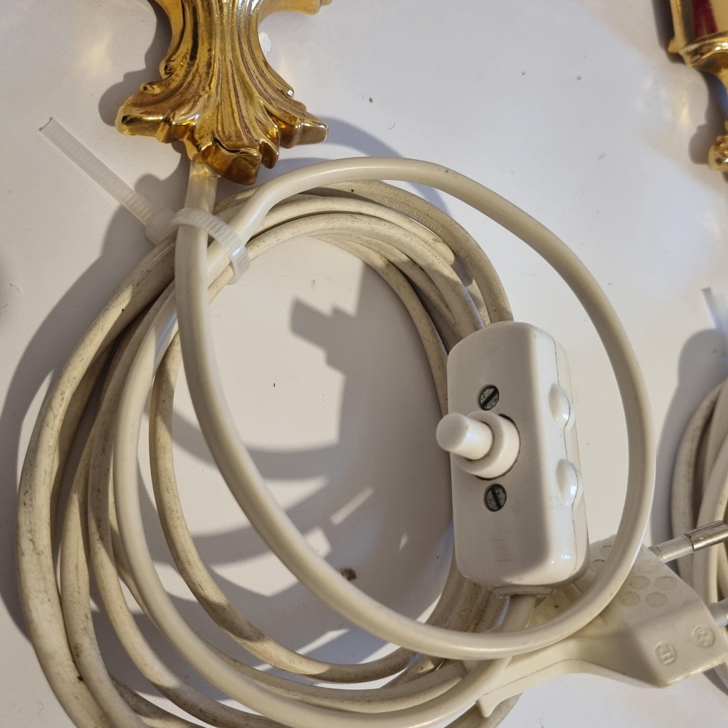 Vintage Rococo style gilded wall lamps pair with original velvet shades showing wiring and white switch details