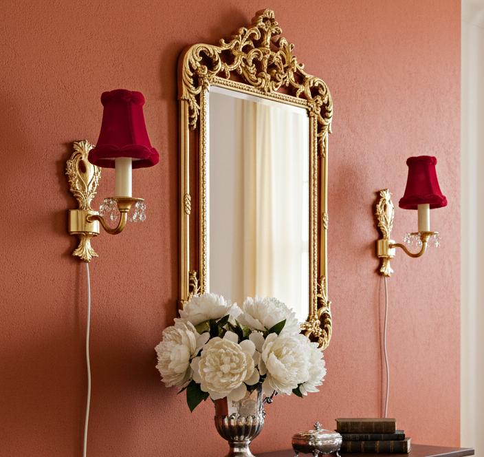 Vintage Rococo style gilded wall lamps pair with original velvet shades flanking an ornate mirror above a flower arrangement