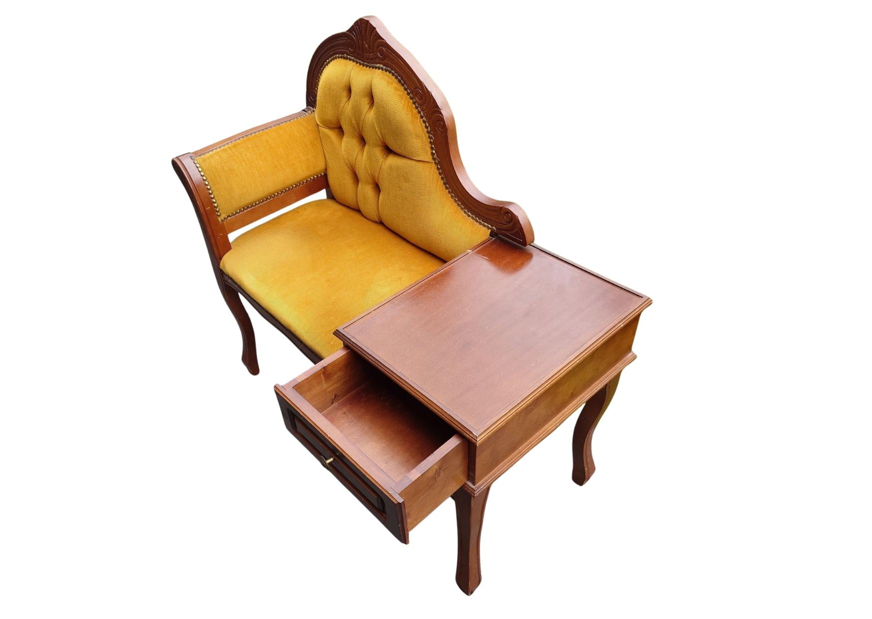 Vintage Gossip Bench with Drawer – Elegant Entryway Seat / Vanity Chair-Telefon bench with mustard tufted upholstery and carved wood frame