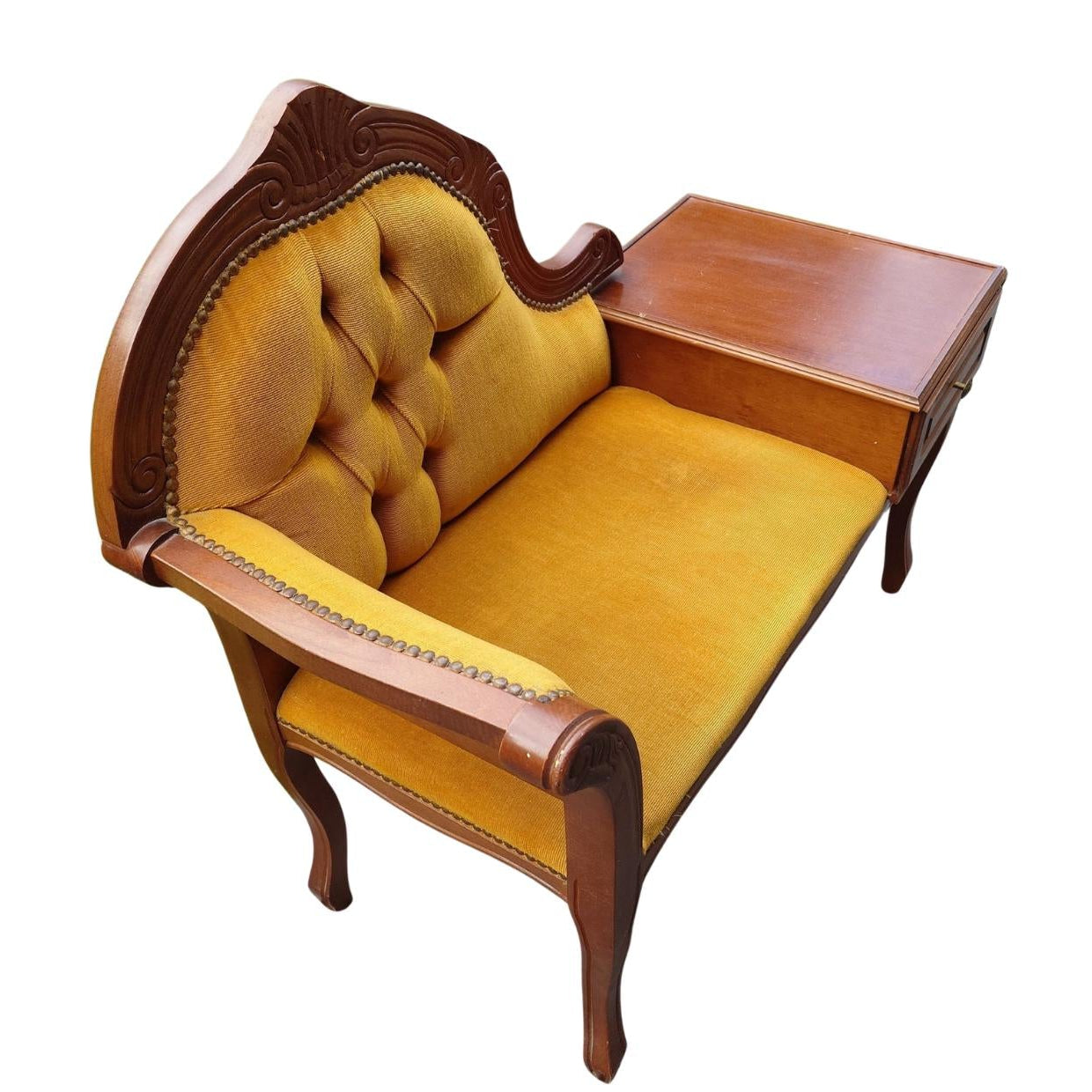Vintage Gossip Bench with Drawer – Elegant Entryway Seat / Vanity Chair-Telefon bench with carved wood and mustard upholstery.