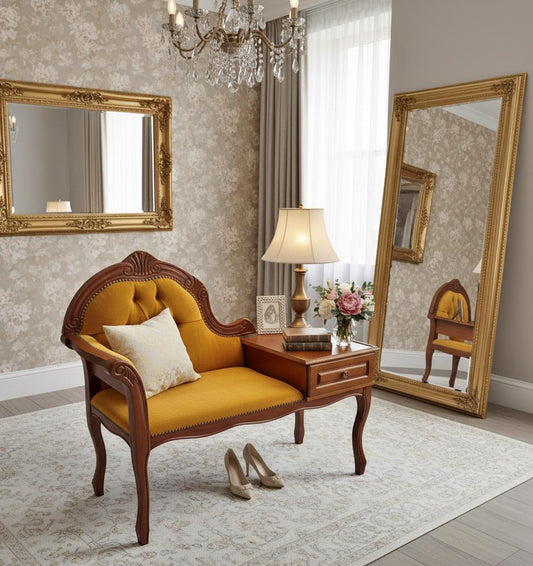 Vintage Gossip Bench with Drawer – Elegant Entryway Seat / Vanity Chair-Telefon bench