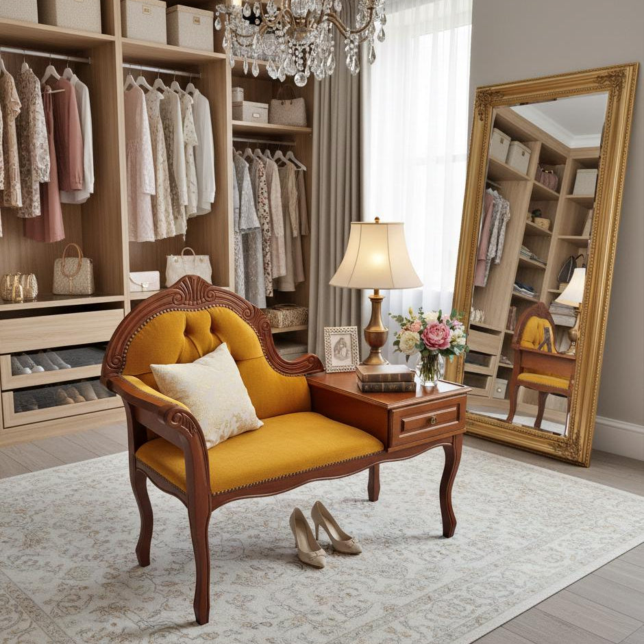Vintage Gossip Bench with Drawer – Elegant Entryway Seat / Vanity Chair-Telefon bench in a cozy dressing room setting.
