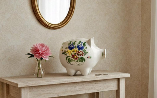 Vintage Guldkroken Piggy Bank: Hand-Painted Swedish Folk Art Ceramic