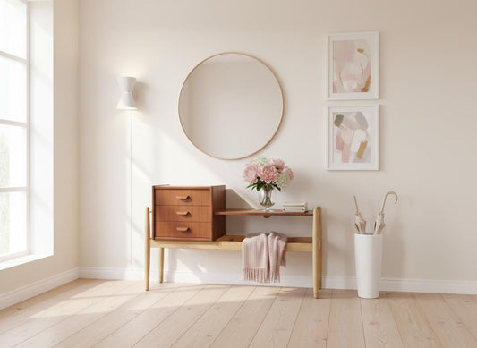 Mid-Century Modern Teak & Oak Hall Table: Arne Wahl Iversen IKEA, 1960s Scandinavian Entryway Bench