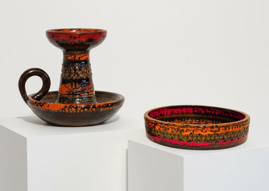 Mid-Century West German “Fat Lava” Pottery Set – Handcrafted Candlestick and Dish, 1960s, Brutalist Pottery