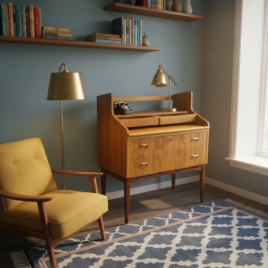 Mid-Century Modern Teak Sideboard Bar Cabinet – Arne Wahl Iversen Scandinavian Design in cozy vintage living room setting
