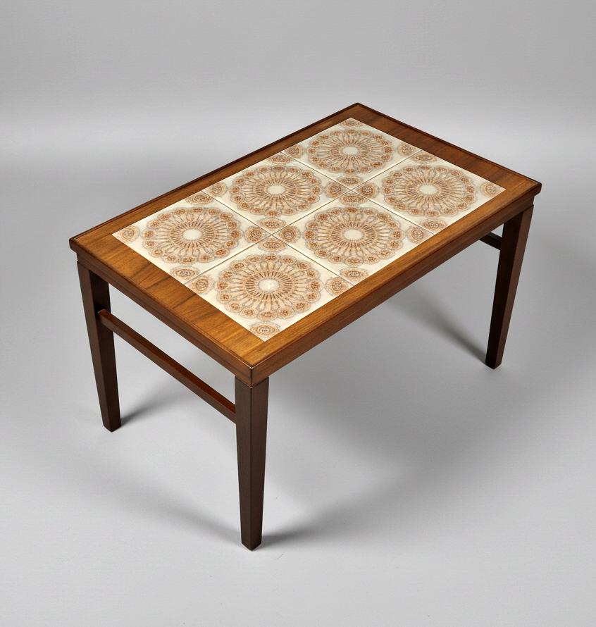 Vintage Danish Teak & Mahogany Coffee Table with Ceramic Tile Inlay – 1960s MCM featuring intricate patterned tiles and sleek wooden legs