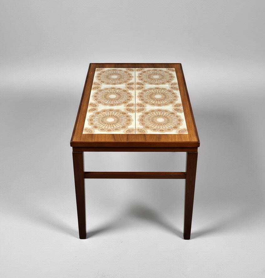 Vintage Danish Teak & Mahogany Coffee Table with Ceramic Tile Inlay – 1960s MCM featuring intricate pattern tiles on wood frame.