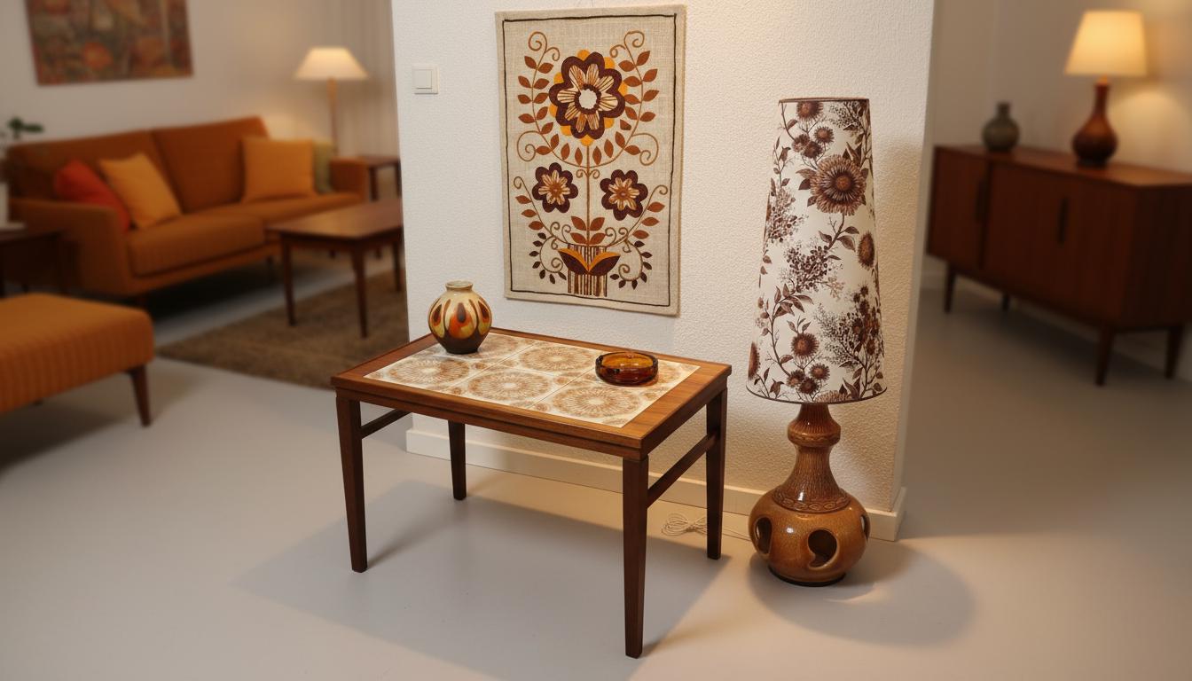 Vintage Danish Teak & Mahogany Coffee Table with Ceramic Tile Inlay – 1960s MCM in mid-century modern living room setting