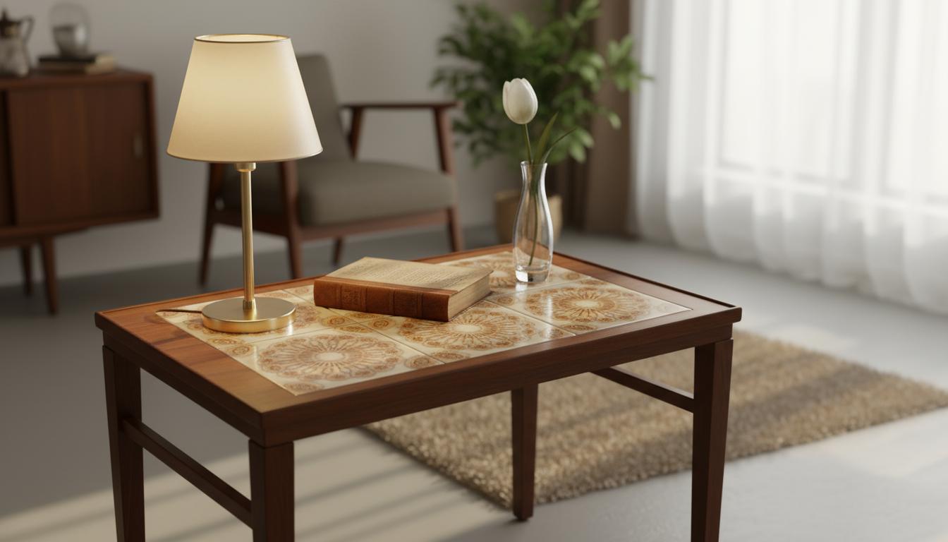 Vintage Danish Teak & Mahogany Coffee Table with Ceramic Tile Inlay – 1960s MCM styled with lamp, book, and vase in cozy room.