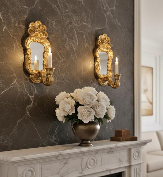 Antique Swedish Wall Decor | Decorative Mirror - Gilded Metal Sconce Set | Rustic Elegance