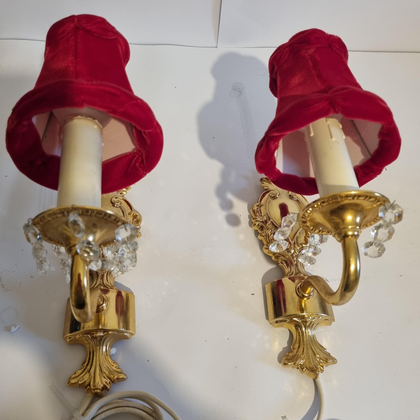 Vintage Rococo style gilded wall lamps pair with original velvet shades and crystal bead accents