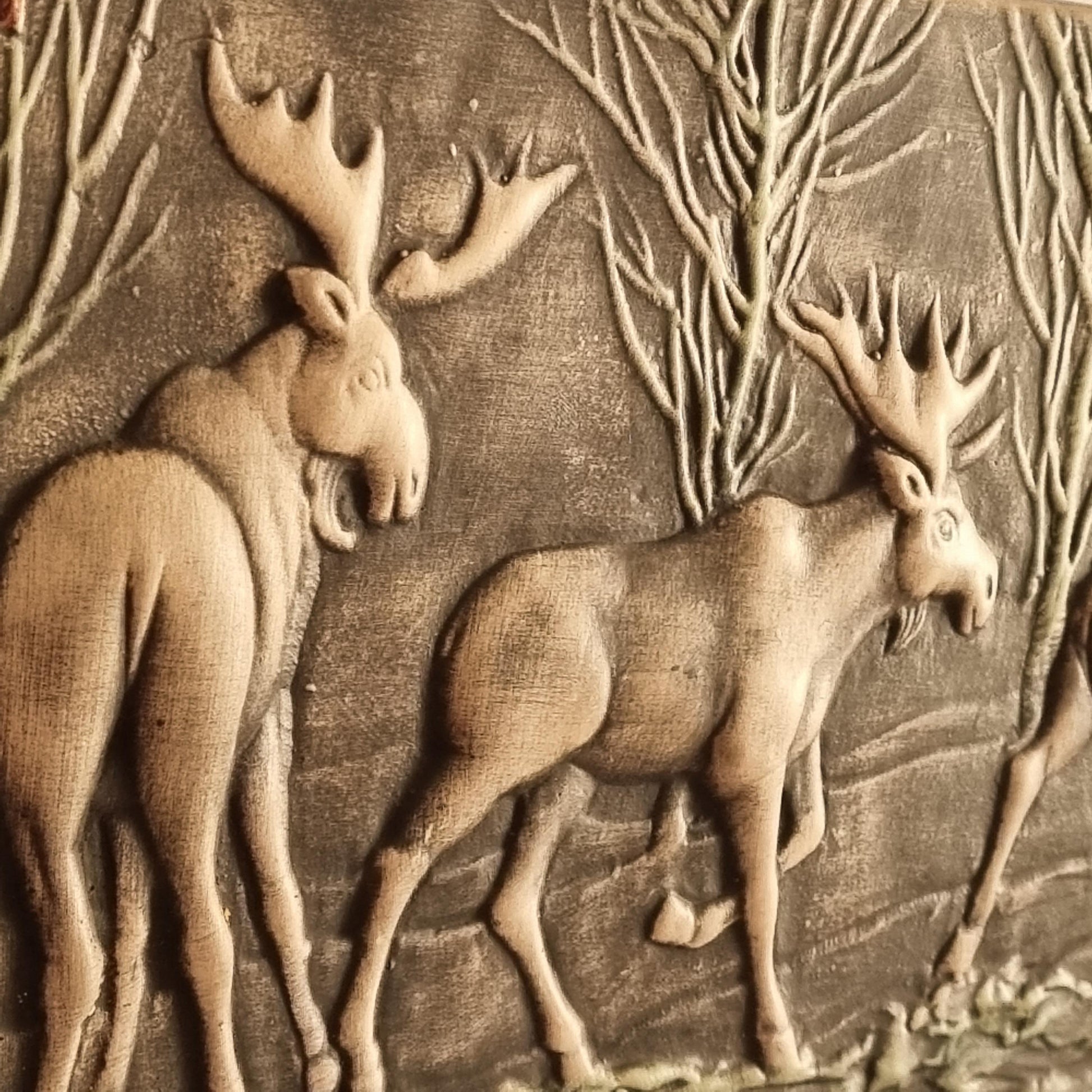 Toreboda Swedish Ceramic Wall Plaque – Moose Forest Relief, Mid-Century vintage Scandinavian decor with hand-sculpted moose and trees