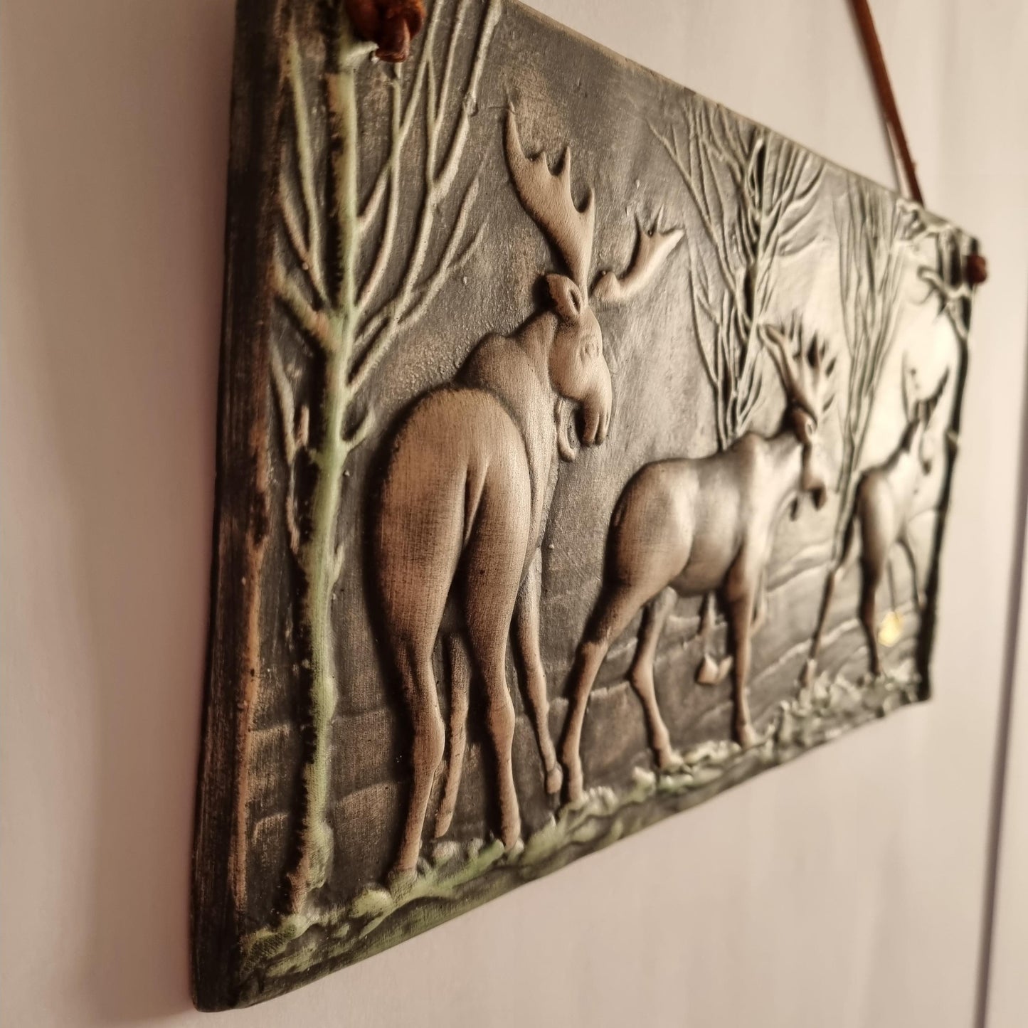 Toreboda Swedish Ceramic Wall Plaque – Moose Forest Relief, Mid-Century vintage Scandinavian decor with raised ceramic moose and trees.