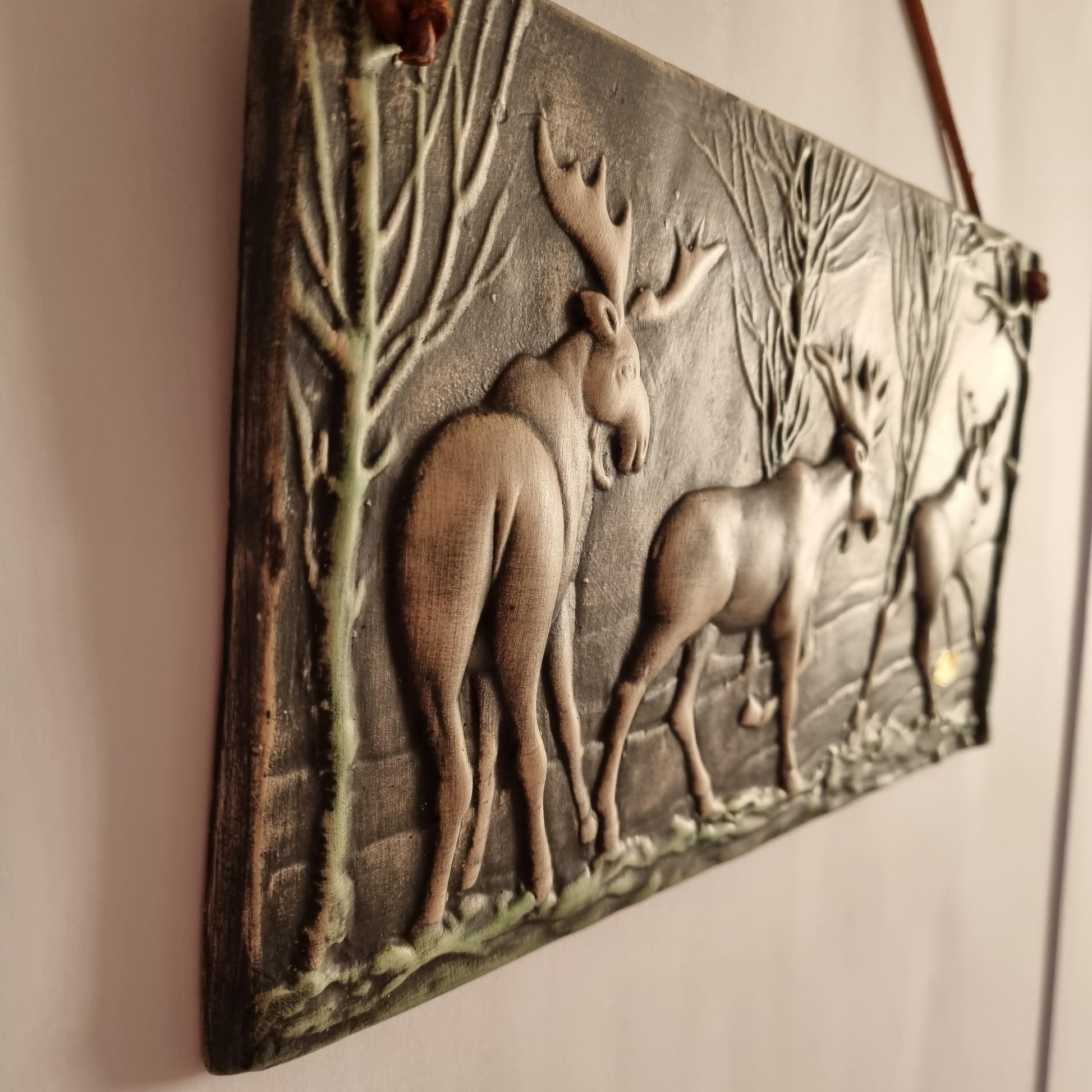 Toreboda Swedish Ceramic Wall Plaque – Moose Forest Relief, Mid-Century vintage Scandinavian decor with raised ceramic moose and trees.
