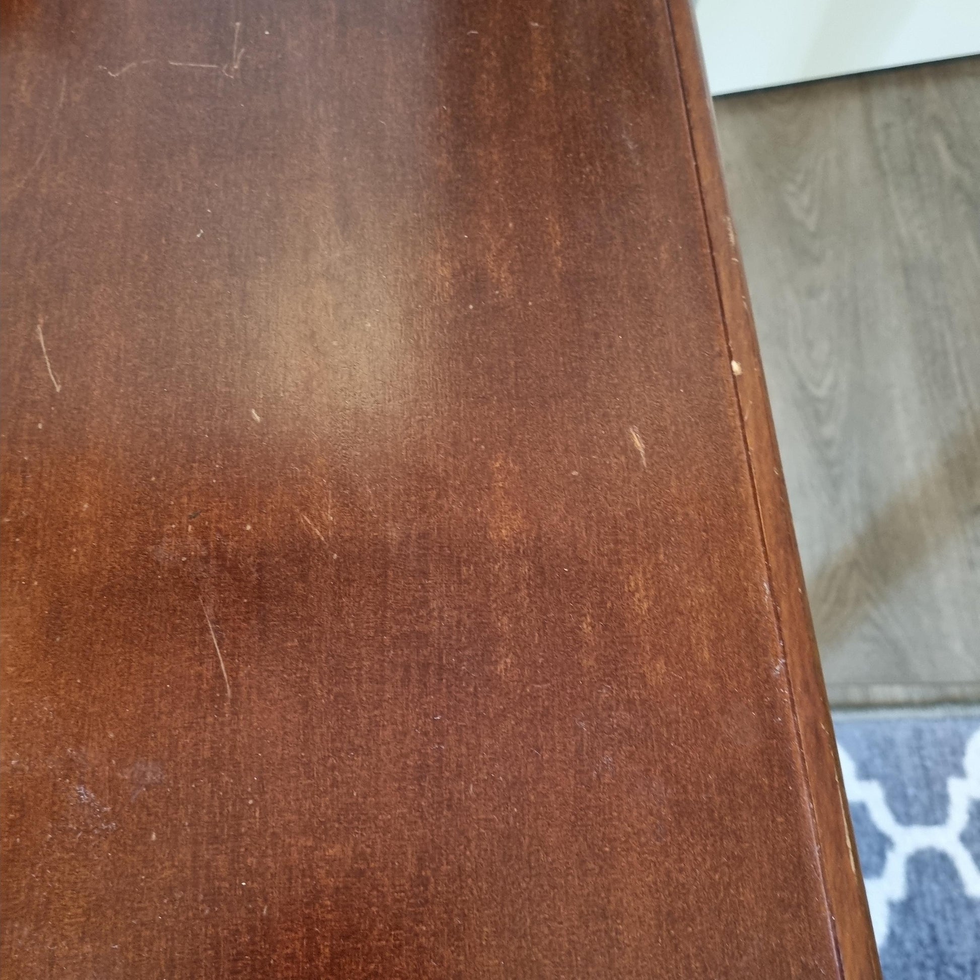 Vintage Gossip Bench with Drawer – Elegant Entryway Seat / Vanity Chair-Telefon bench showing wood surface with light wear marks and vintage finish.