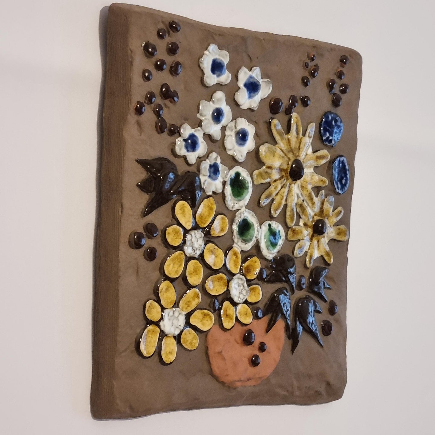 Vintage Swedish Ceramic Wall Plaque – Handcrafted Floral Relief, Signed SWEDEN 759 with colorful flower and leaf details