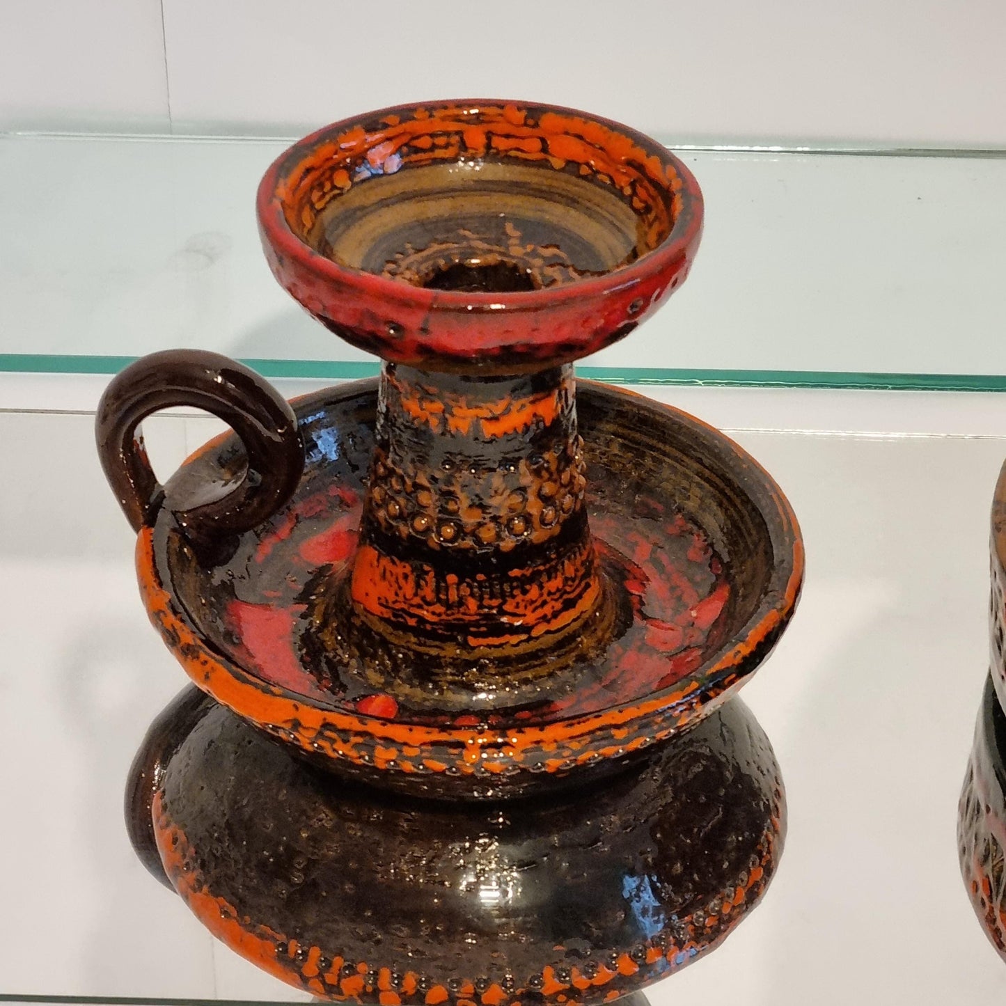 Mid-Century West German “Fat Lava” Pottery Set – Handcrafted Candlestick and Dish, 1960s, Brutalist Pottery
