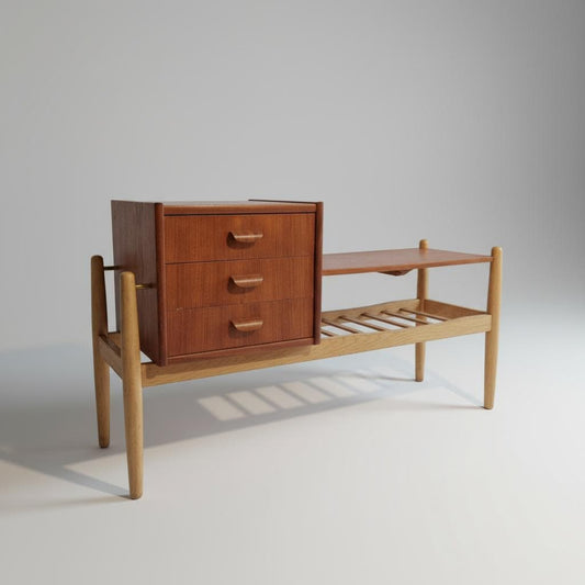 Mid-Century Modern Teak & Oak Hall Table: Arne Wahl Iversen IKEA, 1960s Scandinavian Entryway Bench