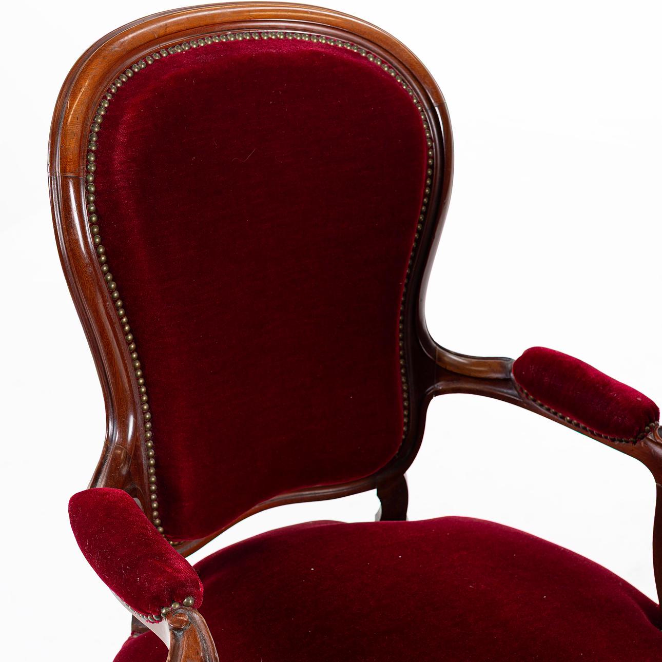 Vintage French Baroque Louis XV Armchairs – Rococo Revival Red Velvet Chairs