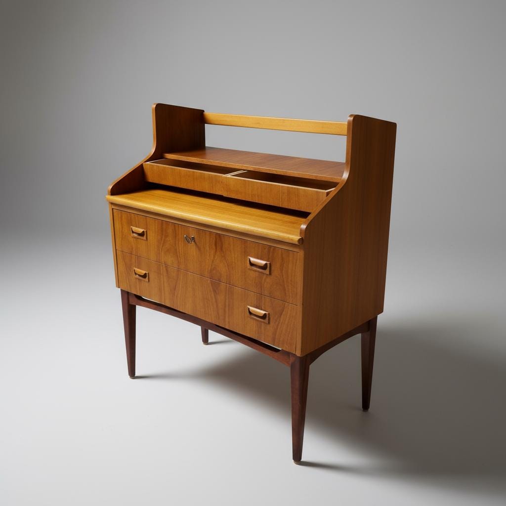 Mid-Century Modern Teak Sideboard Bar Cabinet – Arne Wahl Iversen Scandinavian Design with clean lines and wooden finish