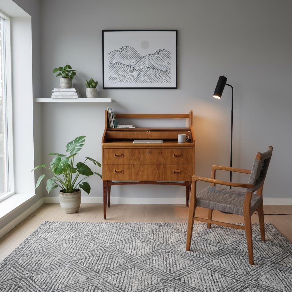 Mid-Century Modern Teak Sideboard Bar Cabinet – Arne Wahl Iversen Scandinavian Design in a minimalist living room setting