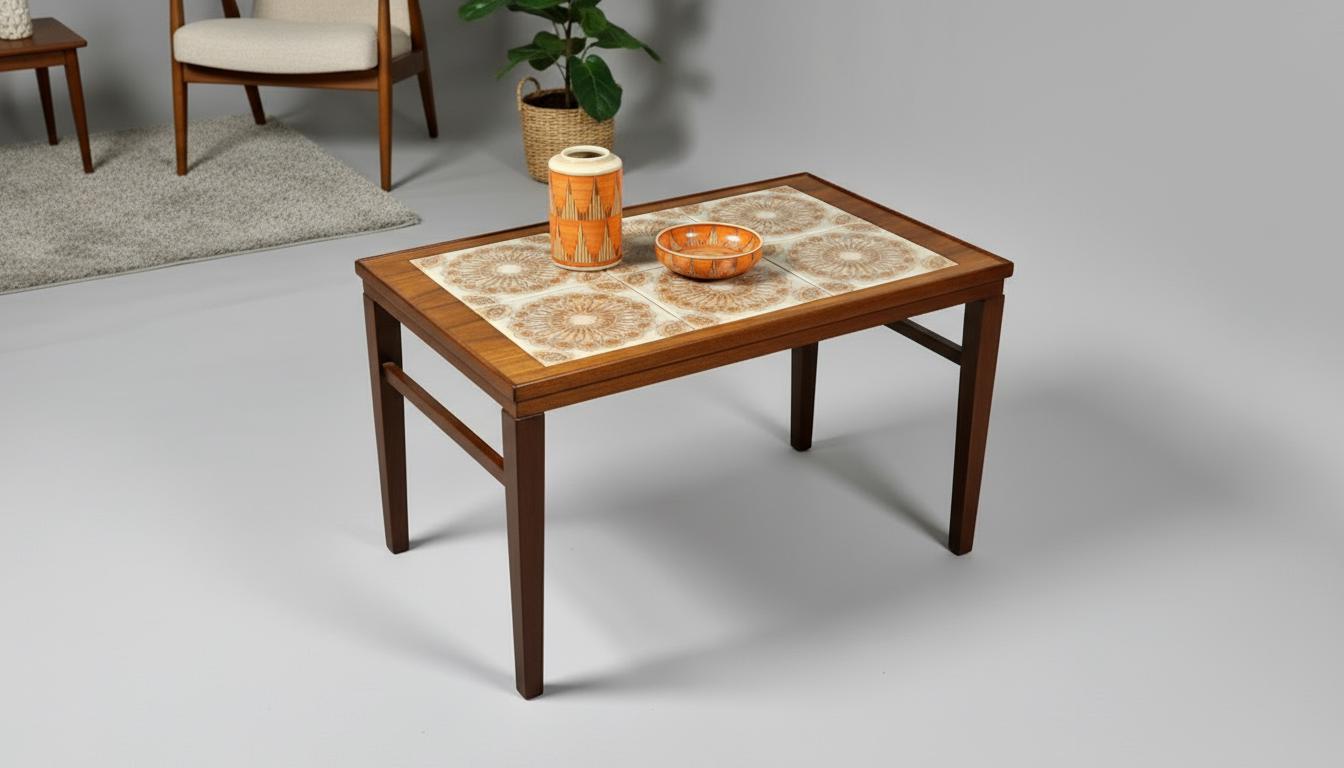 Vintage Danish Teak & Mahogany Coffee Table with Ceramic Tile Inlay – 1960s MCM in a minimalist Scandinavian decor setting