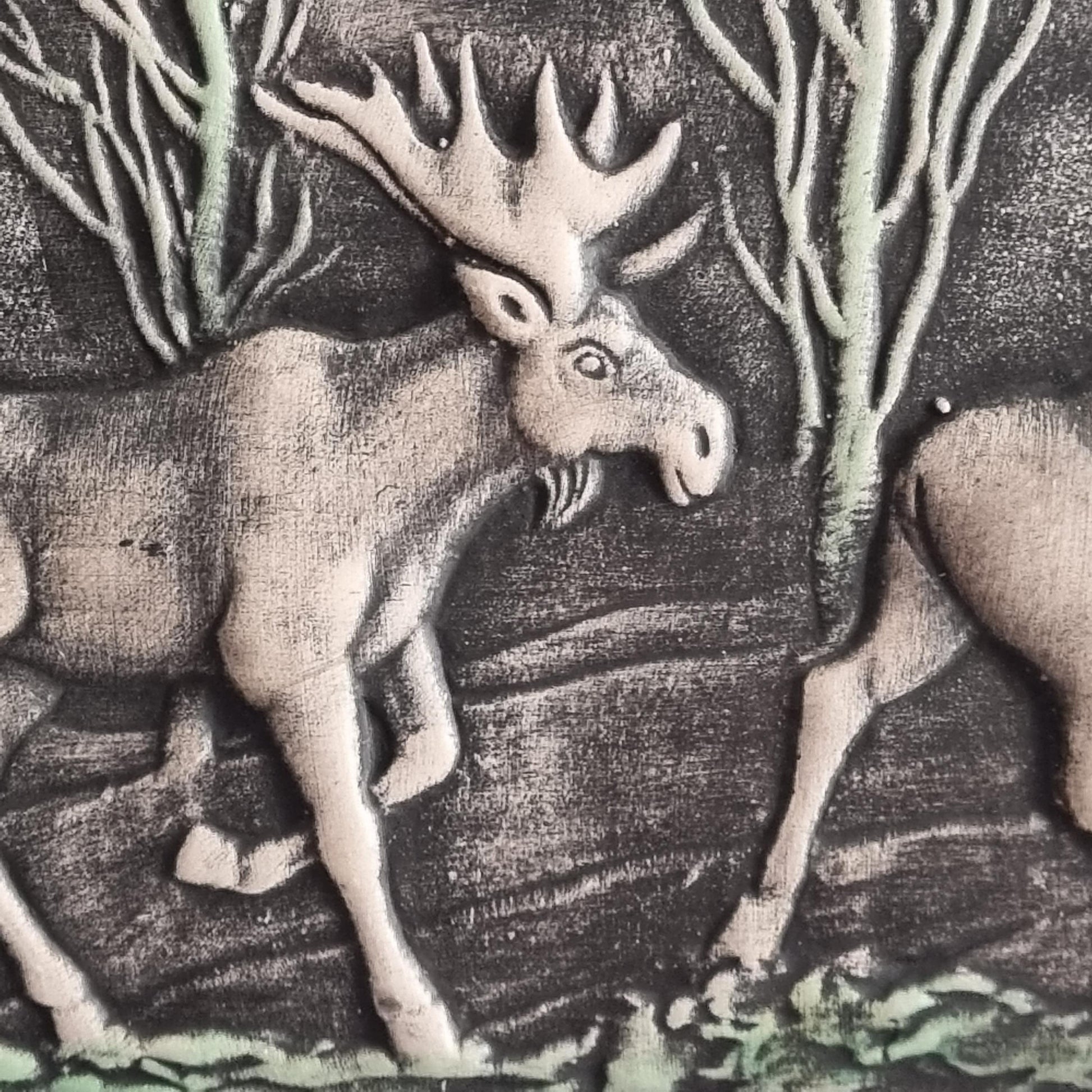 Toreboda Swedish Ceramic Wall Plaque – Moose Forest Relief, Mid-Century featuring textured deer and forest scene in vintage Scandinavian decor style
