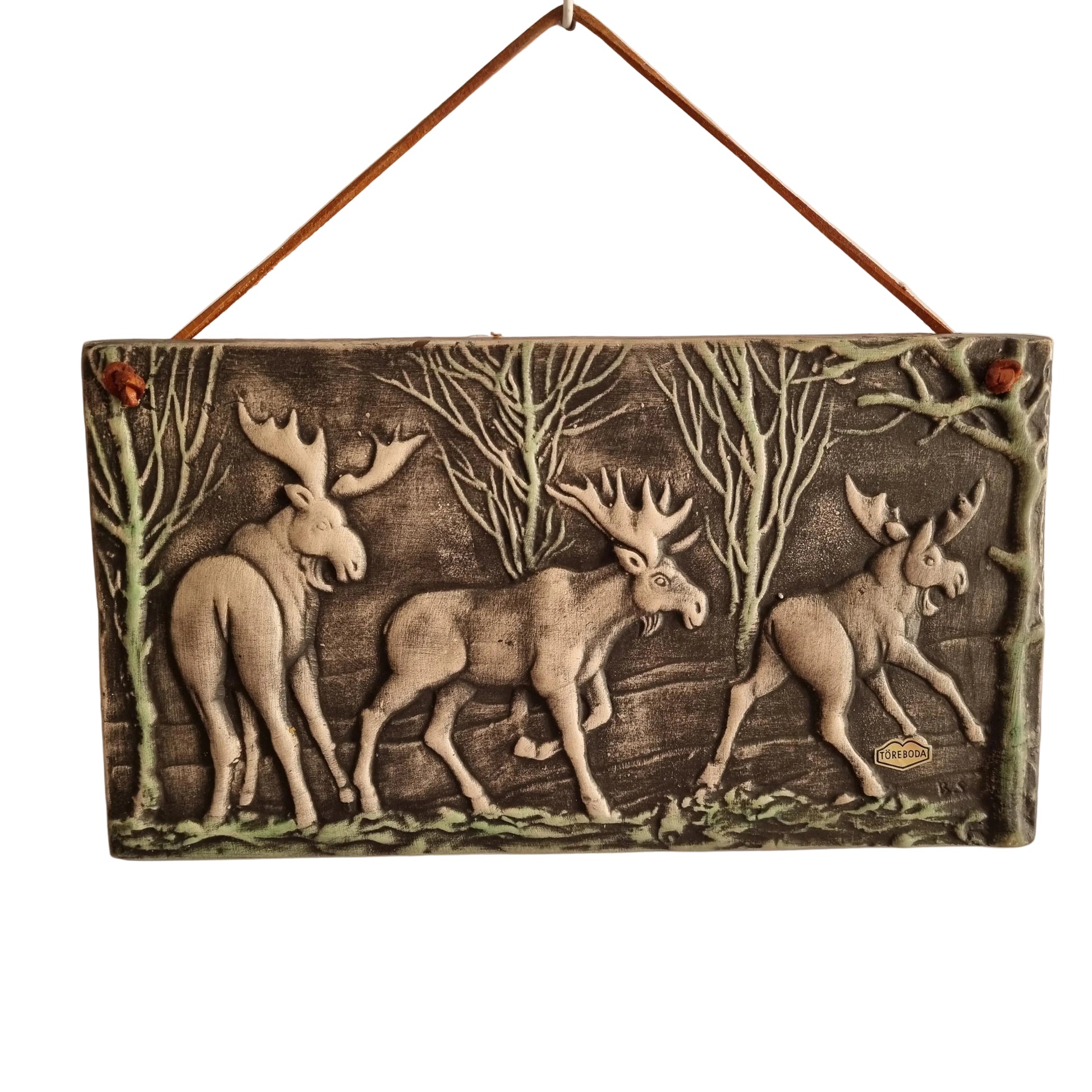Toreboda Swedish Ceramic Wall Plaque – Moose Forest Relief, Mid-Century vintage Scandinavian decor with Nordic folk art design