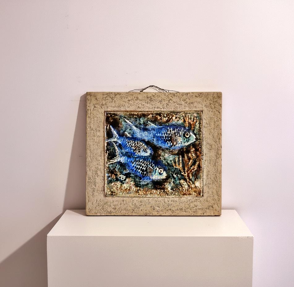 Karlsruher Majolika Ceramic Wall Plaque – Handcrafted Germany 1950s with blue fish and coral design