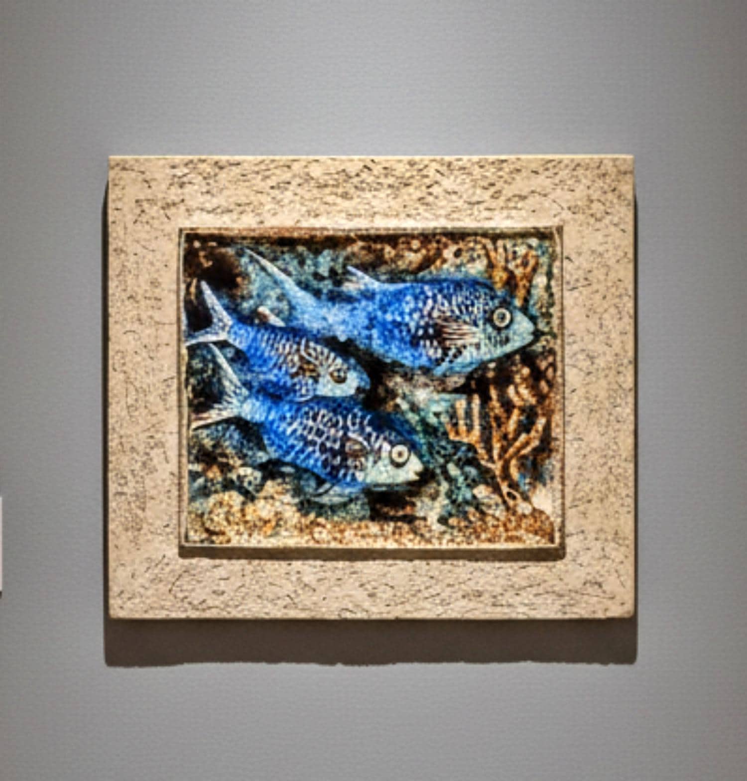 Karlsruher Majolika Ceramic Wall Plaque – Handcrafted Germany 1950s with two blue fish and textured frame