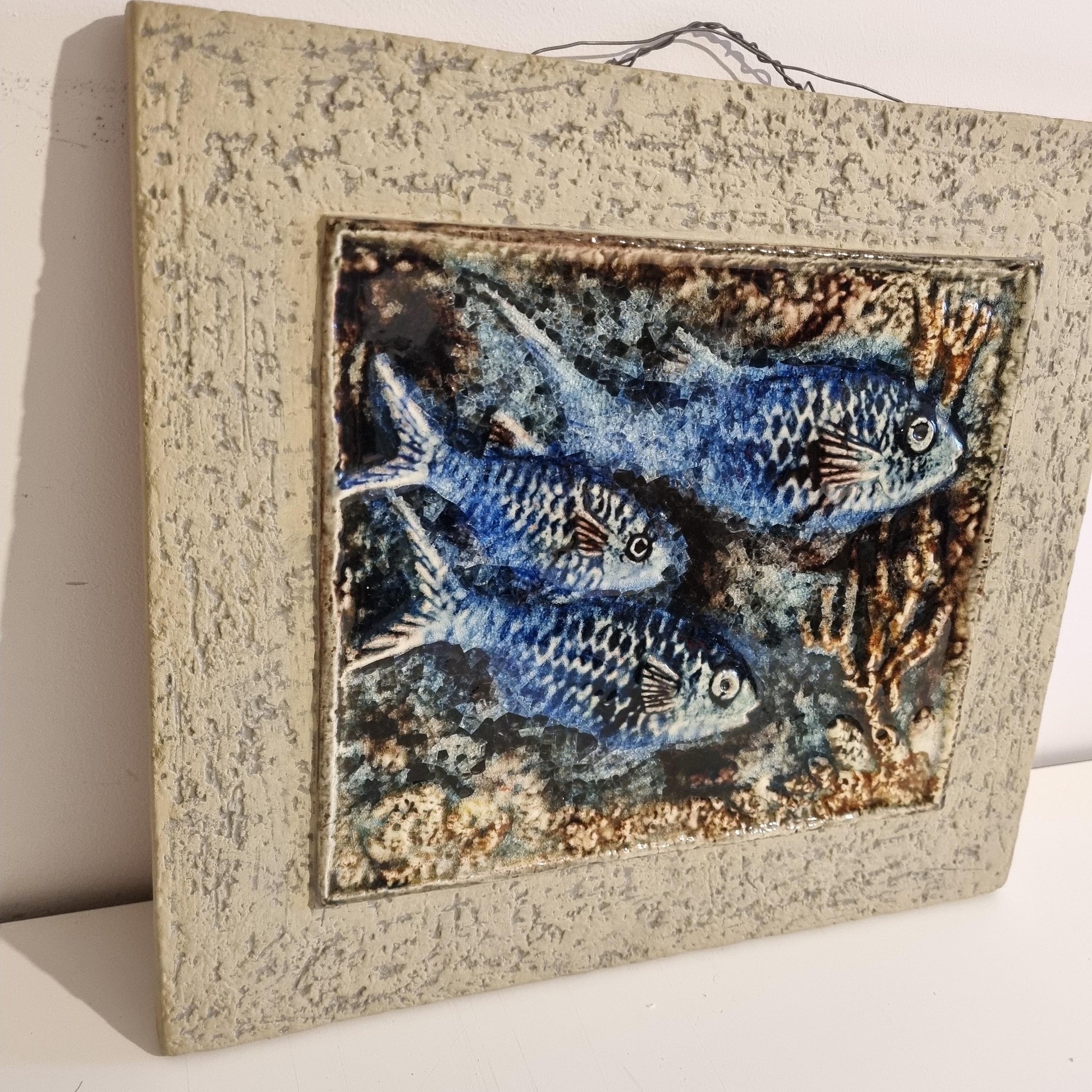 Karlsruher Majolika Ceramic Wall Plaque – Handcrafted Germany 1950s features textured blue fish design on beige background