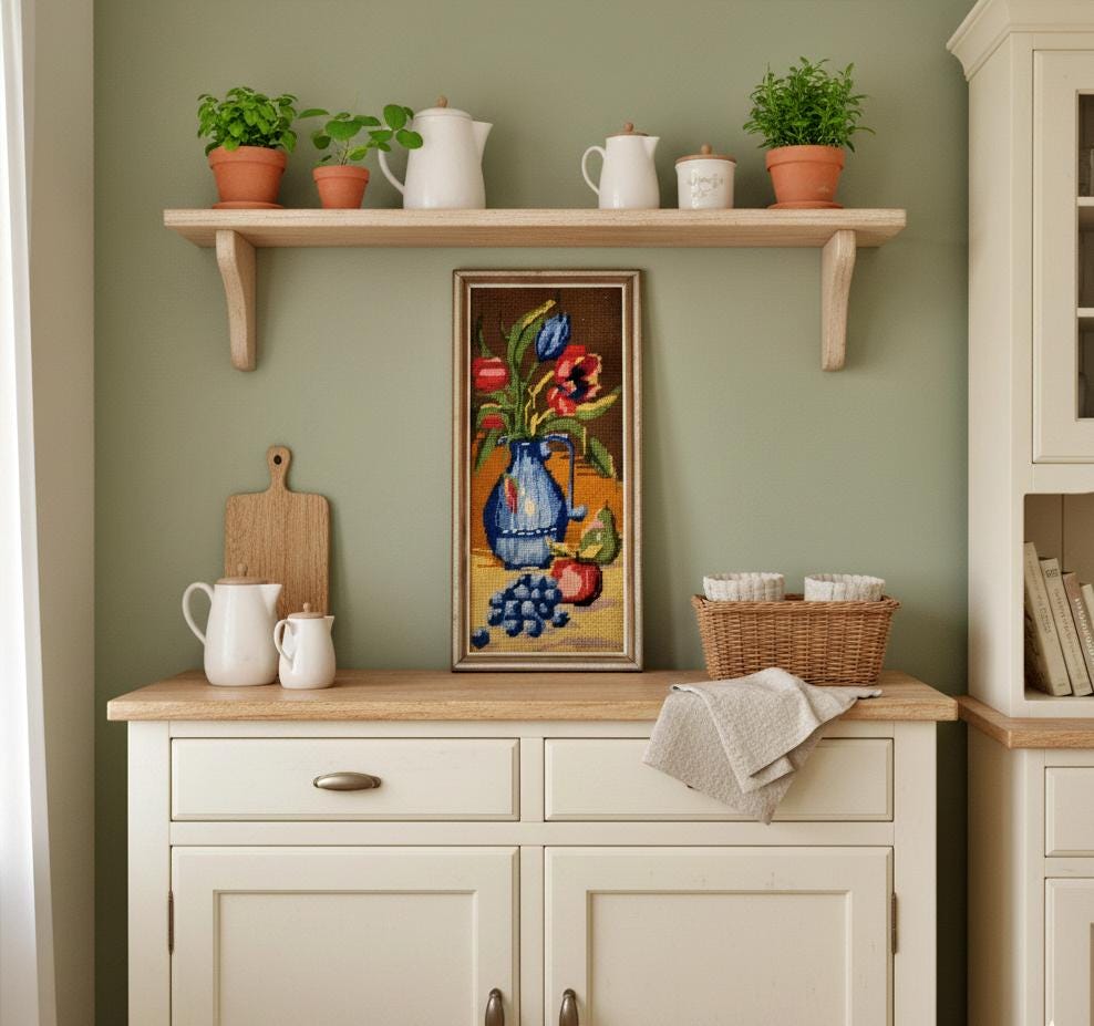 Vintage 1960s Scandinavian Needlepoint Floral Still Life in Wooden Frame - Hand-Stitched Wall Art