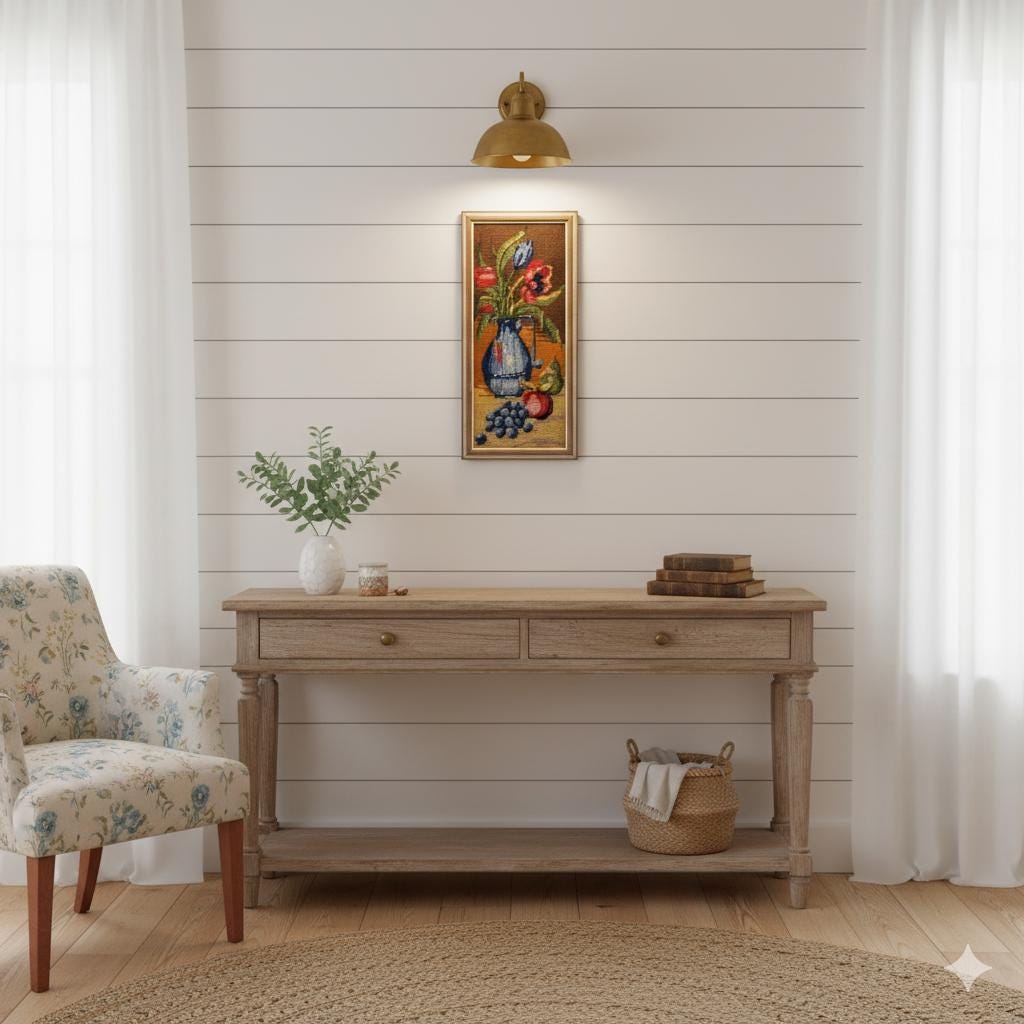 Vintage 1960s Scandinavian Needlepoint Floral Still Life in Wooden Frame - Hand-Stitched Wall Art