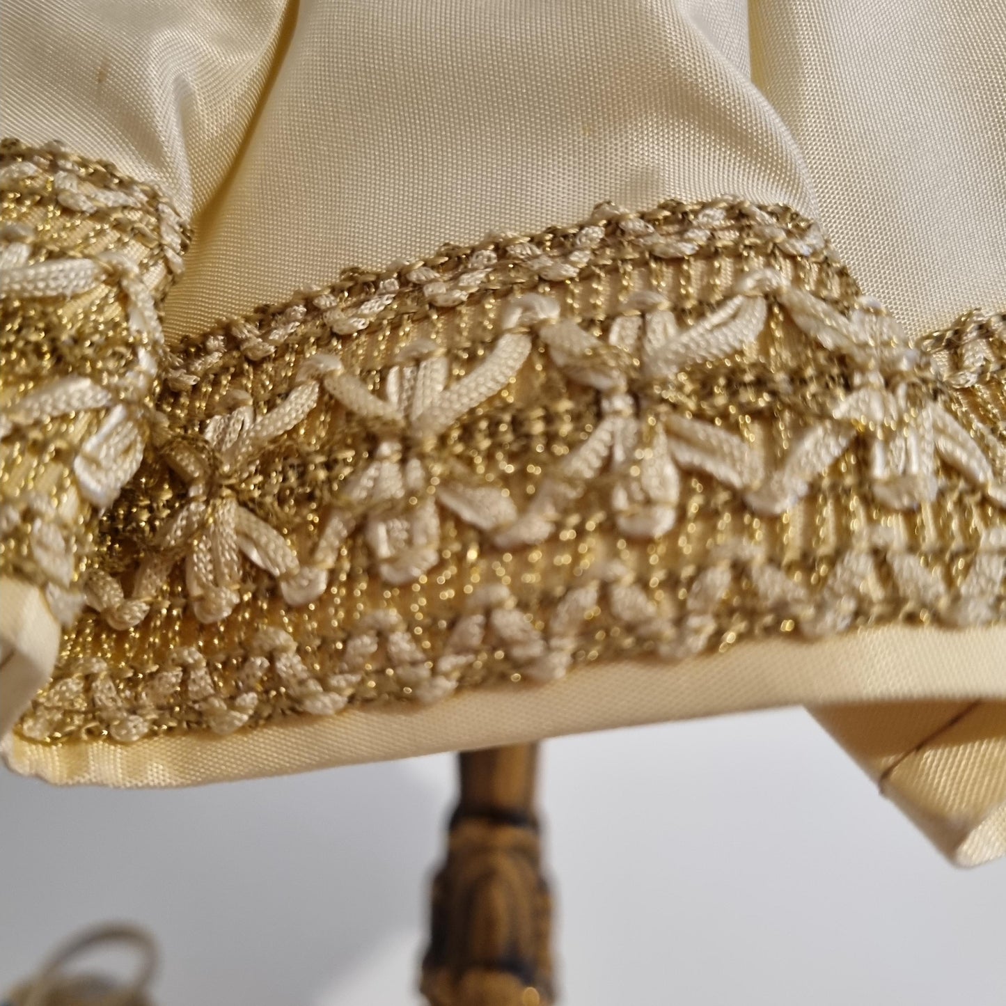 Vintage brass table lamp with pleated shade – ornate baroque style lighting, original piece showing detailed gold embroidery on fabric shade edge