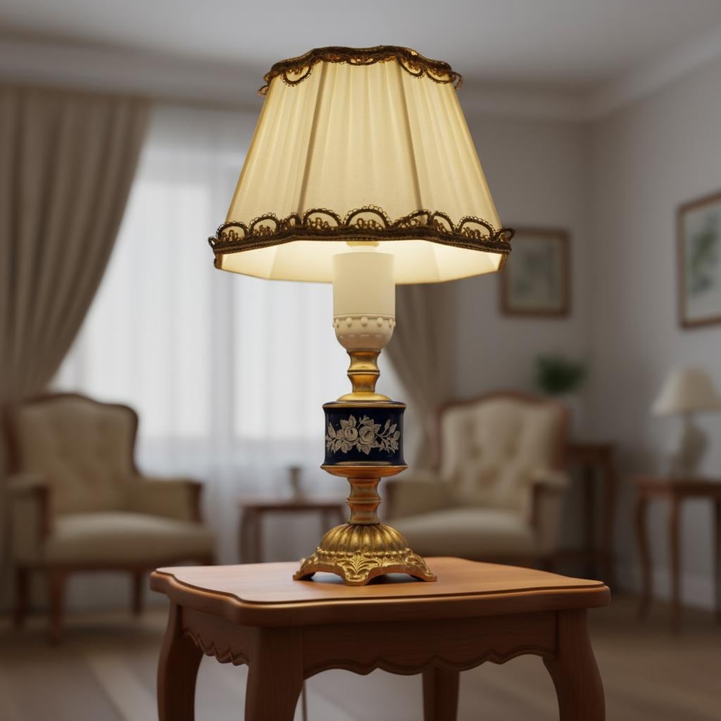 Vintage Swedish Rococo Table Lamp – Ceramic and Brass with Pleated Shade