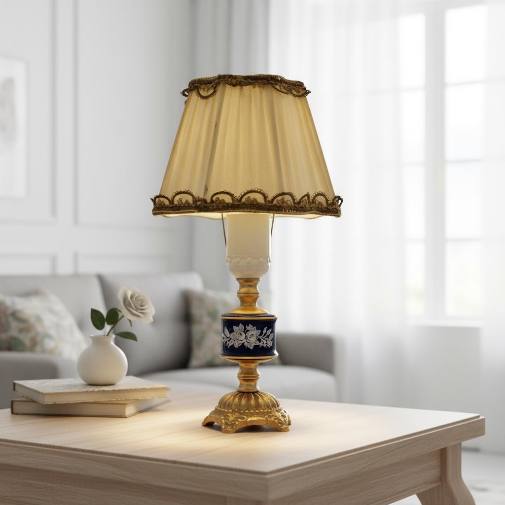 Vintage Swedish Rococo Table Lamp – Ceramic and Brass with Pleated Shade