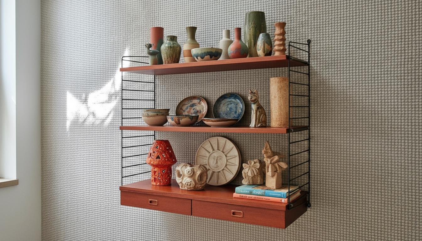 Danish teak String Shelf with Drawers, 1960s Scandinavian Wall Unit