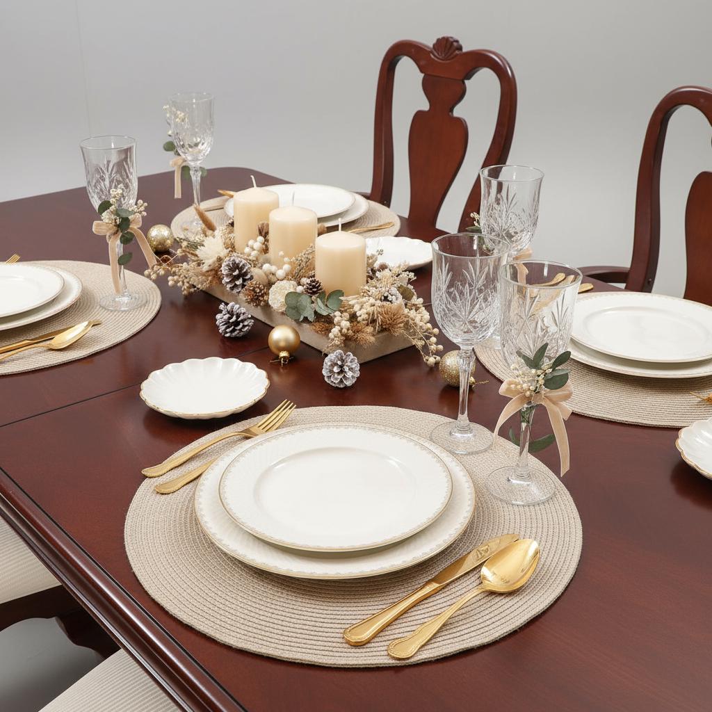 Vintage Mahogany Queen Anne Dining Set Extendable Table, 6 Chairs with elegant table setting and crystal glassware
