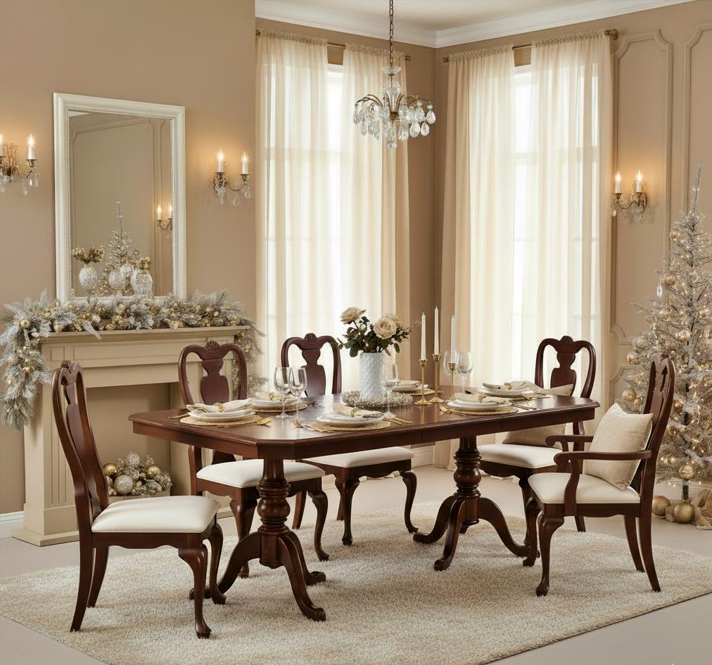 Vintage Mahogany Queen Anne Dining Set Extendable Table, 6 Chairs in elegant dining room with chandelier and festive decor