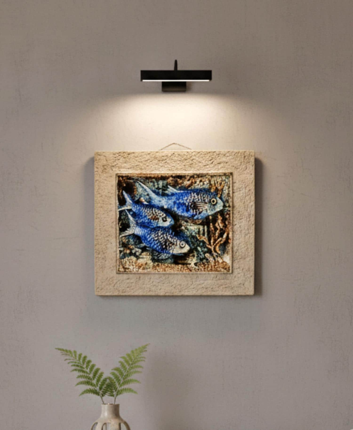 Karlsruher Majolika Ceramic Wall Plaque – Handcrafted Germany 1950s featuring blue fish under wall light