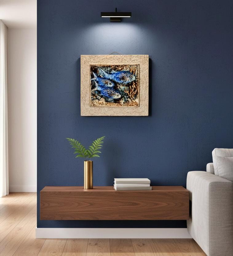 Karlsruher Majolika Ceramic Wall Plaque – Handcrafted Germany 1950s displayed above modern wooden console with plant and books