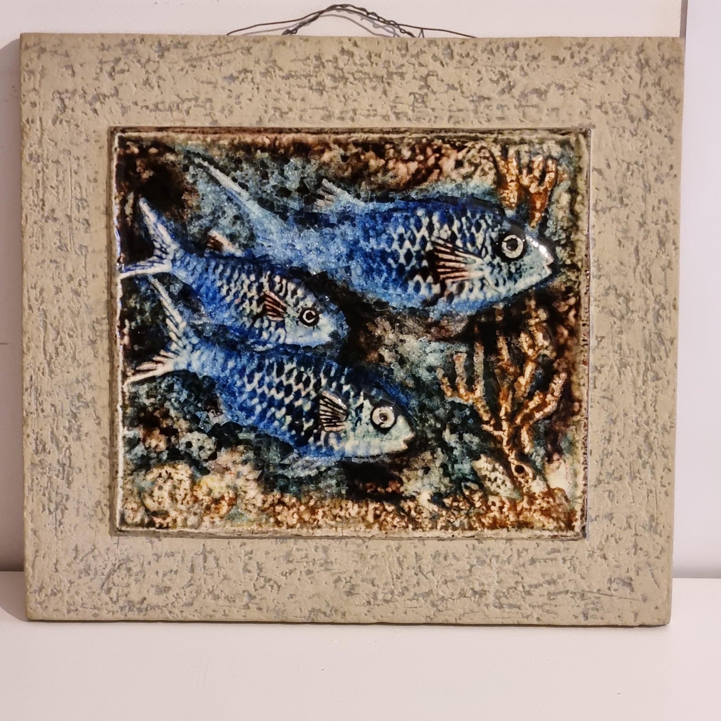 Karlsruher Majolika Ceramic Wall Plaque – Handcrafted Germany 1950s with blue fish and coral design vintage decor
